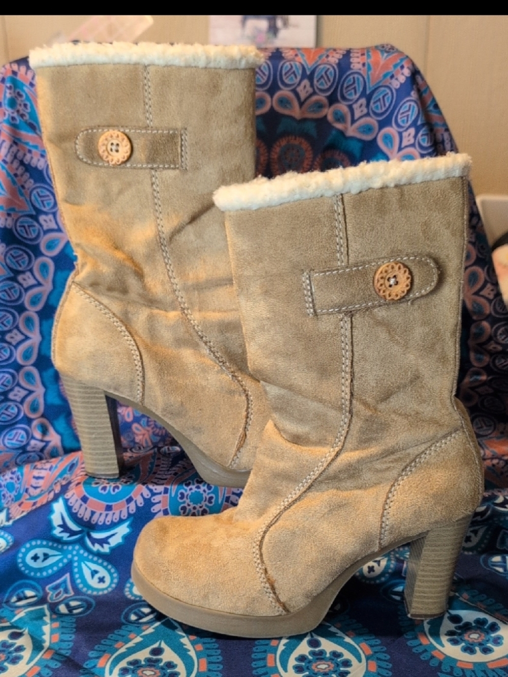 Candie's Women's Tan Suede Faux-Fur Mid-Calf Heeled Boots